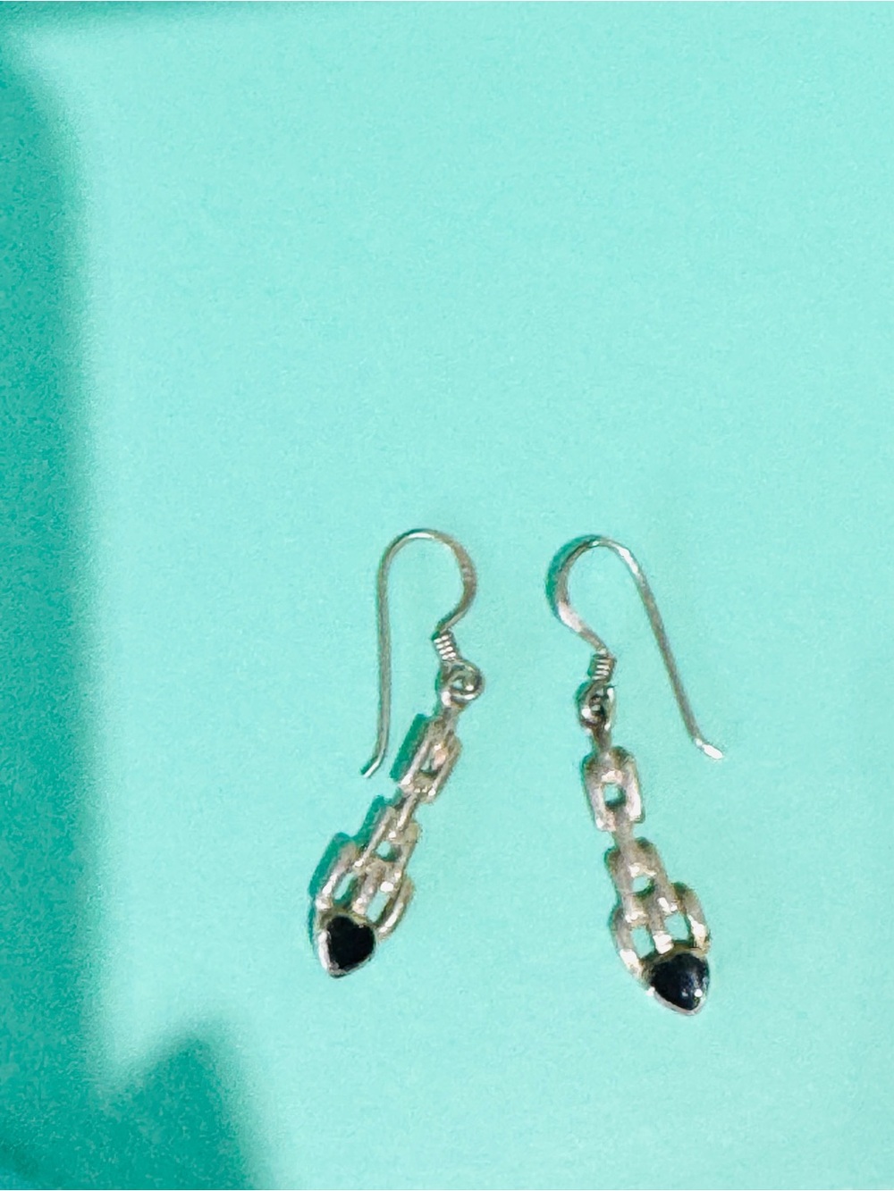 Sterling Silver Chain Drop Earrings with Black Teardrop Stone